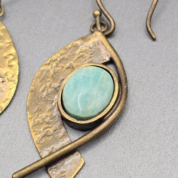 VTG Egyptian Revival Brass & Amazonite Dangle Earrings 2" Shepards Hook - Picture 3 of 8